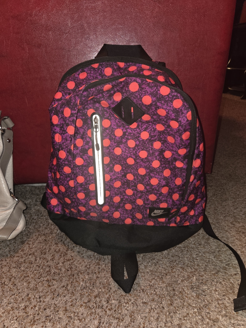 Nike Purple Backpack with Neon Pink Polka Dots And Pink Nike Touque